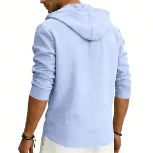 Back view of a breathable men's light blue linen hoodie for casual beach wear