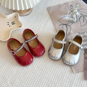 Girls French Style Mary Jane Shoes Ballet Flat Performance Shoes With Rhinestone Buckle PU Leather Soft Sole Single Shoes