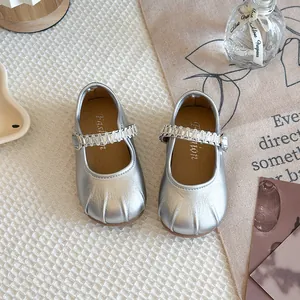 Elegant silver Mary Jane leather flats for girls with sparkling rhinestone strap detail