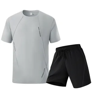 Men's quick-dry gray t-shirt and black shorts sports set for running fitness and gym