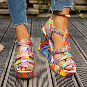 Vibrant colorful marble print platform wedge sandals with T-strap and ankle buckle