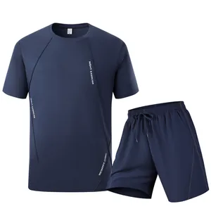 Men's professional quick-dry sports apparel set with navy blue T-shirt and shorts