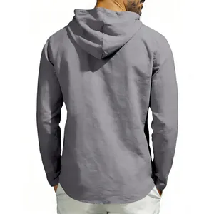 Back view of men's grey linen long-sleeved hoodie showing breathable texture and fit.