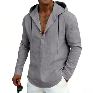 Detail of grey linen-like hooded henley shirt for men featuring black drawstrings