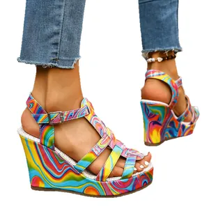 Colorful marble print wedge sandals for women with T-strap design and platform sole