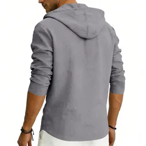 Detailed back view of men's grey casual linen hoodie with breathable fabric texture