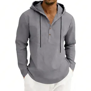 Men's breathable grey linen hoodie with long sleeves and half-button Henley placket detail