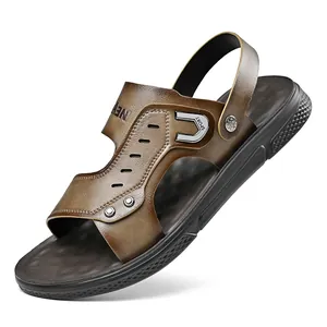 Sandalias de playa profesionales de cuero marrón para hombre con suelas muy suaves