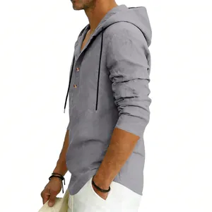Side view of men's grey linen hooded Henley shirt with breathable fabric