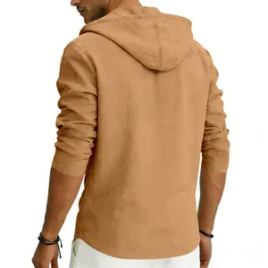 Back view of men's casual breathable linen hooded shirt in khaki color for summer