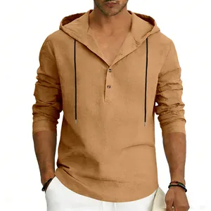 Close-up detail of a men's breathable khaki linen Henley hoodie with long sleeves.