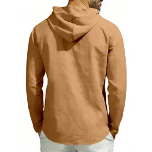 Back view of men's casual linen hoodie showing breathable fabric texture and curved hem