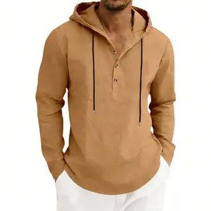 Detail view of men's linen Henley hoodie showing buttons and hood in khaki color.