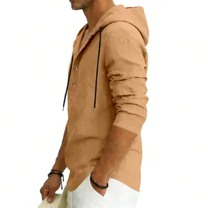 Detailed side view of a men's tan linen hoodie with buttons and drawstring hood.
