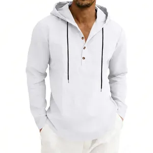 Detail view of a white linen long-sleeve hooded Henley shirt with black drawstrings.