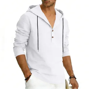 Men's casual white linen hoodie long sleeve Henley shirt for beach or spring wear.