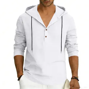 Detail view of men's casual white linen hooded long-sleeve Henley shirt