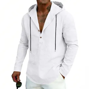 Detailed view of white linen Henley hoodie with black drawstrings and button placket