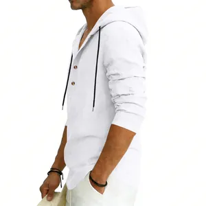 Side view detail of a white linen long sleeve hooded Henley shirt featuring black drawstrings