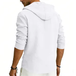 Detailed back view of a breathable white linen long sleeve hooded shirt for men