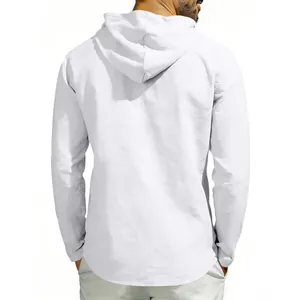 Back view of a white casual linen hoodie for men with a breathable long sleeve design