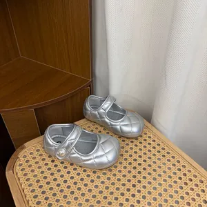 Silver quilted metallic leather girls Mary Jane princess shoes with elegant pearl strap.