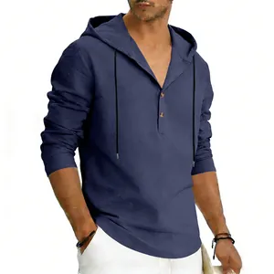 Comfortable men's navy blue linen hooded henley shirt with long sleeves and rustic buttons