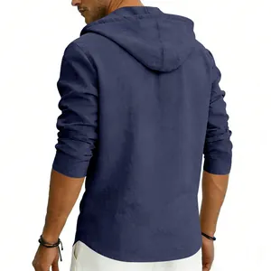 Back view detail of a navy blue long-sleeved hooded linen shirt with breathable texture