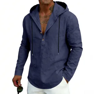 Navy blue men's linen hoodie long sleeve Henley shirt perfect for beach casual wear