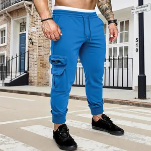 Slim fit blue men's cargo sweatpants featuring a drawstring waist and multiple pockets