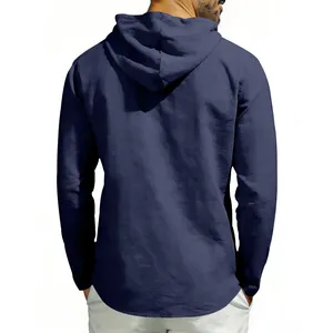 Back view of a breathable navy blue linen hoodie for men featuring textured fabric
