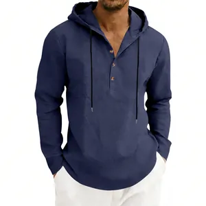 Men's casual breathable linen hooded henley shirt with long sleeves in navy blue