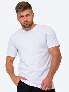 Detailed shot of a classic white men's short-sleeved crew neck T-shirt on a model
