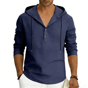 Macro view of navy blue men's breathable linen long sleeve hoodie with Henley collar