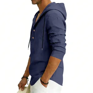 Detailed side view of blue men's casual linen hooded Henley shirt with breathable fabric