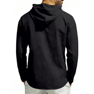 Rear view of a breathable black long sleeve linen hoodie for men featuring a relaxed fit