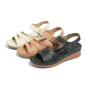 Casual women's wedge sandals with adjustable hook-and-loop straps in three colors