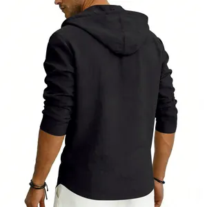 Back view of a breathable black linen hoodie for men, ideal for casual beach wear.