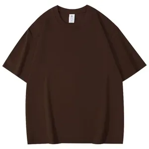 Detail view of a premium dark brown men's drop shoulder short sleeve cotton t-shirt