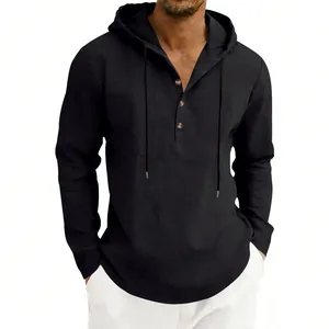 Casual men's long sleeve linen hoodie in black with a buttoned Henley neck