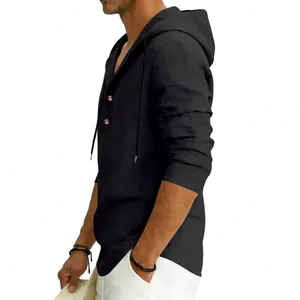 Detailed side view of men's linen hooded Henley shirt showing breathable fabric and button placket