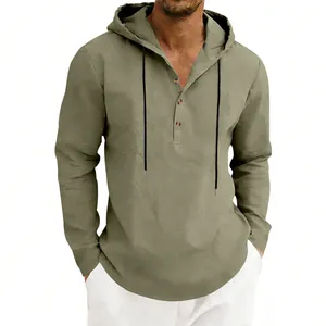 Detail of men's casual olive green linen hoodie with buttoned Henley placket and hood