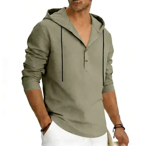 Detailed view of olive green linen henley hoodie with drawstring and buttons.
