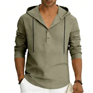 Detail view of a men's olive green long-sleeved linen hooded Henley shirt for casual beach wear.
