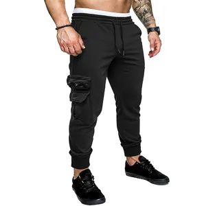 Men's black cargo sweatpants featuring multi-pockets and adjustable drawstring waist design