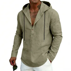 Close-up detail of breathable men's linen hoodie shirt with Henley neck and long sleeves