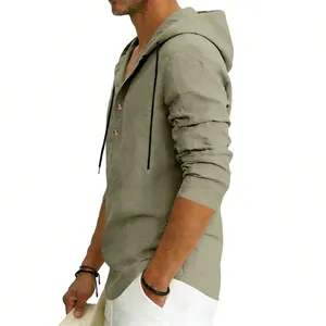 Detailed side view of khaki linen hoodie for men featuring half-placket buttons and hood