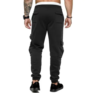 Back view of men's black cargo sweatpants showing multi-pocket design and ribbed cuffs
