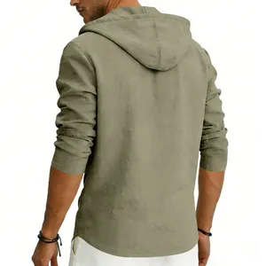 Detailed back view of a men's olive linen hoodie showing the hood and fabric texture