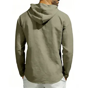 Detailed back view of men's olive green linen hoodie showing breathable fabric texture